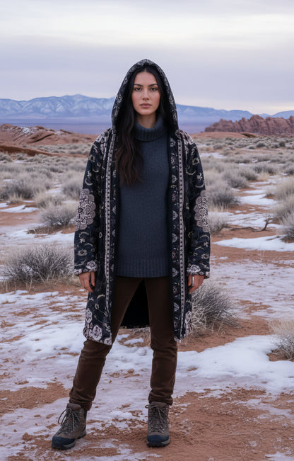 Classic Black Persian Carpet Cuddle Coat | Unisex Minky Sherpa Lined Coat with Hood, Zipper and Pockets | Women and Mens Festival Coat | Mountain Fashion