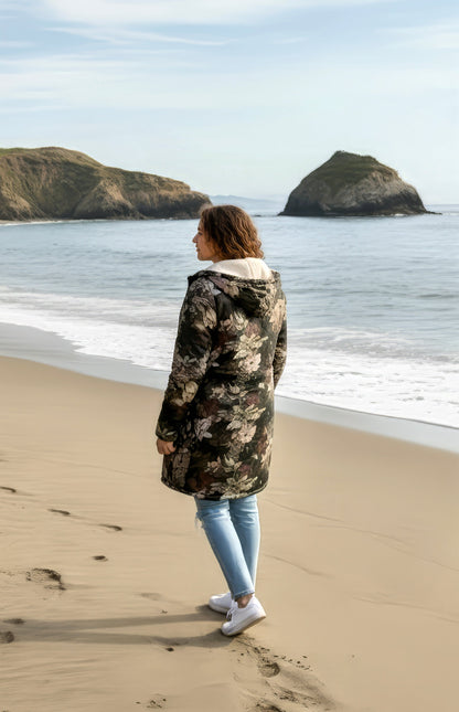 Floral Cuddle Coat | Beige, Brown, Cream | Unisex Minky Sherpa Lined Coat with Hood, Zipper and Pockets | Women and Mens Festival Coat | Mountain Fashion