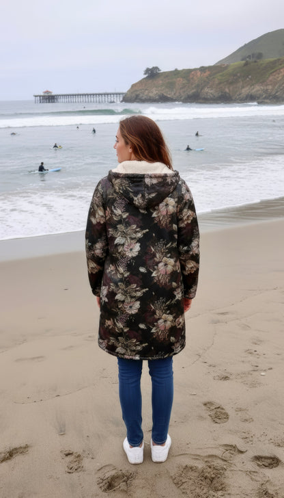 Floral Cuddle Coat | Beige, Brown, Cream | Unisex Minky Sherpa Lined Coat with Hood, Zipper and Pockets | Women and Mens Festival Coat | Mountain Fashion