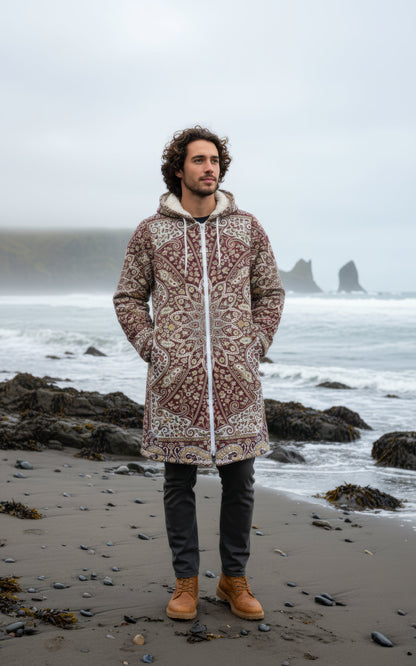 Classic Red Persian Carpet Cuddle Coat | Unisex Minky Sherpa Lined Coat with Hood, Zipper and Pockets | Women and Mens Festival Coat | Mountain Fashion