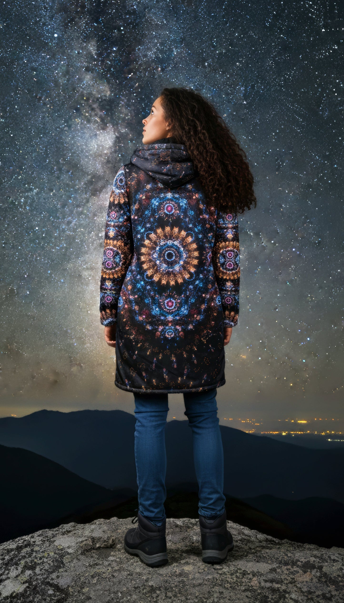 Cosmic Plane Cuddle Coat | Unisex Minky Sherpa Lined Coat with Hood, Zipper and Pockets | Women and Mens Festival Coat | Mountain Fashion