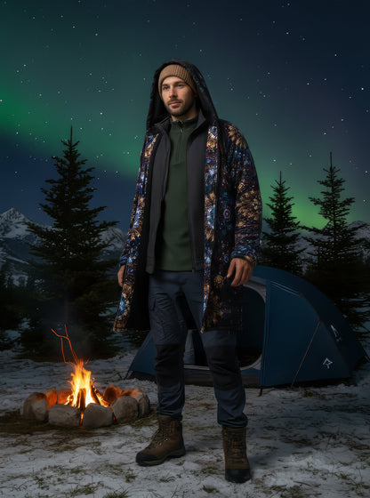 Cosmic Plane Cuddle Coat | Unisex Minky Sherpa Lined Coat with Hood, Zipper and Pockets | Women and Mens Festival Coat | Mountain Fashion