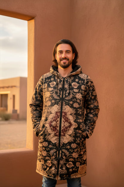 Black and Brown Persian Carpet Cuddle Coat | Unisex Minky Sherpa Lined Coat with Hood, Zipper and Pockets | Women and Mens Festival Coat | Mountain Fashion