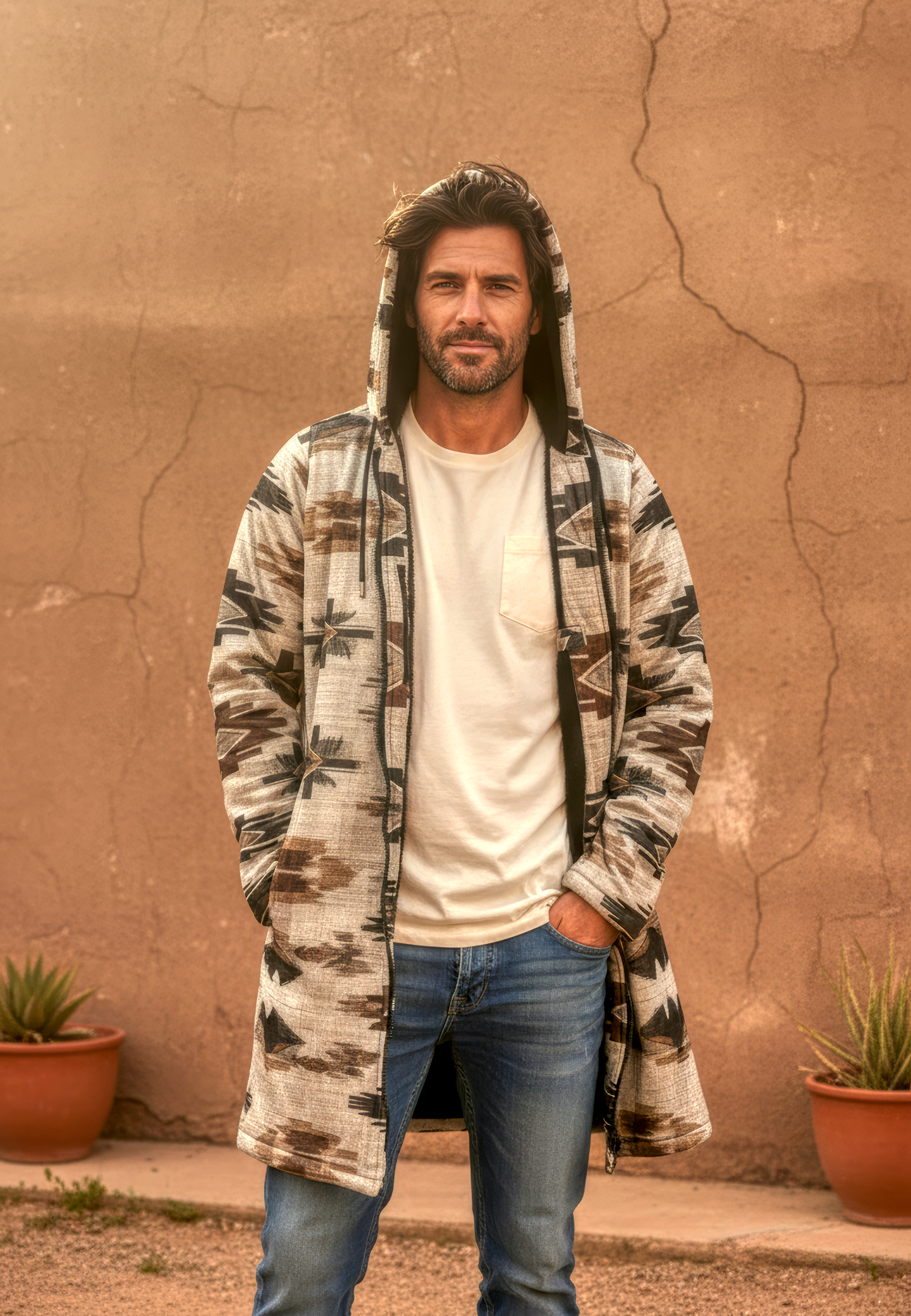 Ganado Tribal Cuddle Coat | Unisex Minky Sherpa Lined Coat with Hood, Zipper and Pockets | Women and Mens Festival Coat | Mountain Fashion