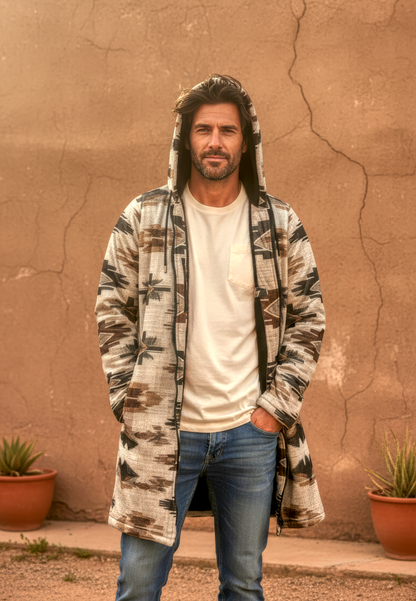 Ganado Tribal Cuddle Coat | Unisex Minky Sherpa Lined Coat with Hood, Zipper and Pockets | Women and Mens Festival Coat | Mountain Fashion