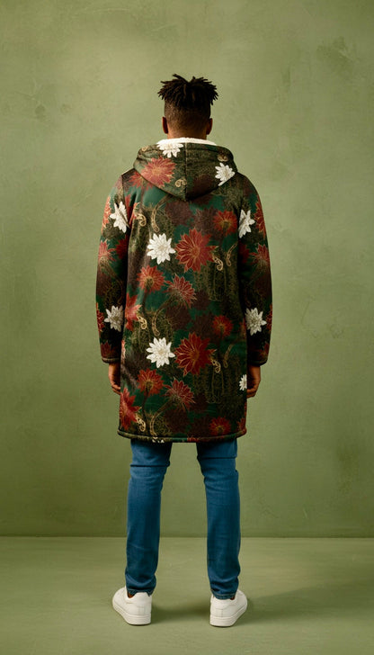 Desert Flowers Carpet Cuddle Coat | Green Red | Unisex Minky Sherpa Lined Coat with Hood, Zipper and Pockets | Women and Mens Festival Coat | Mountain Fashion