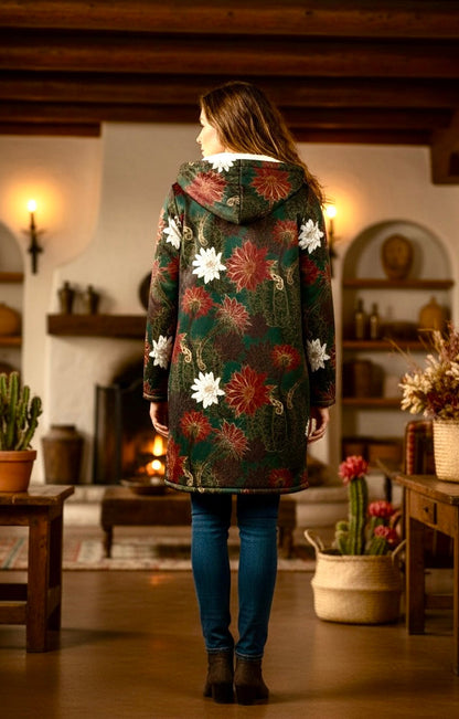 Desert Flowers Carpet Cuddle Coat | Green Red | Unisex Minky Sherpa Lined Coat with Hood, Zipper and Pockets | Women and Mens Festival Coat | Mountain Fashion