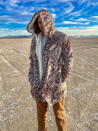 Classic Red Persian Carpet Cuddle Cloak | Unisex Minky Sherpa Lined Hooded Coat | Women and Mens Festival Coat | Mountain Fashion
