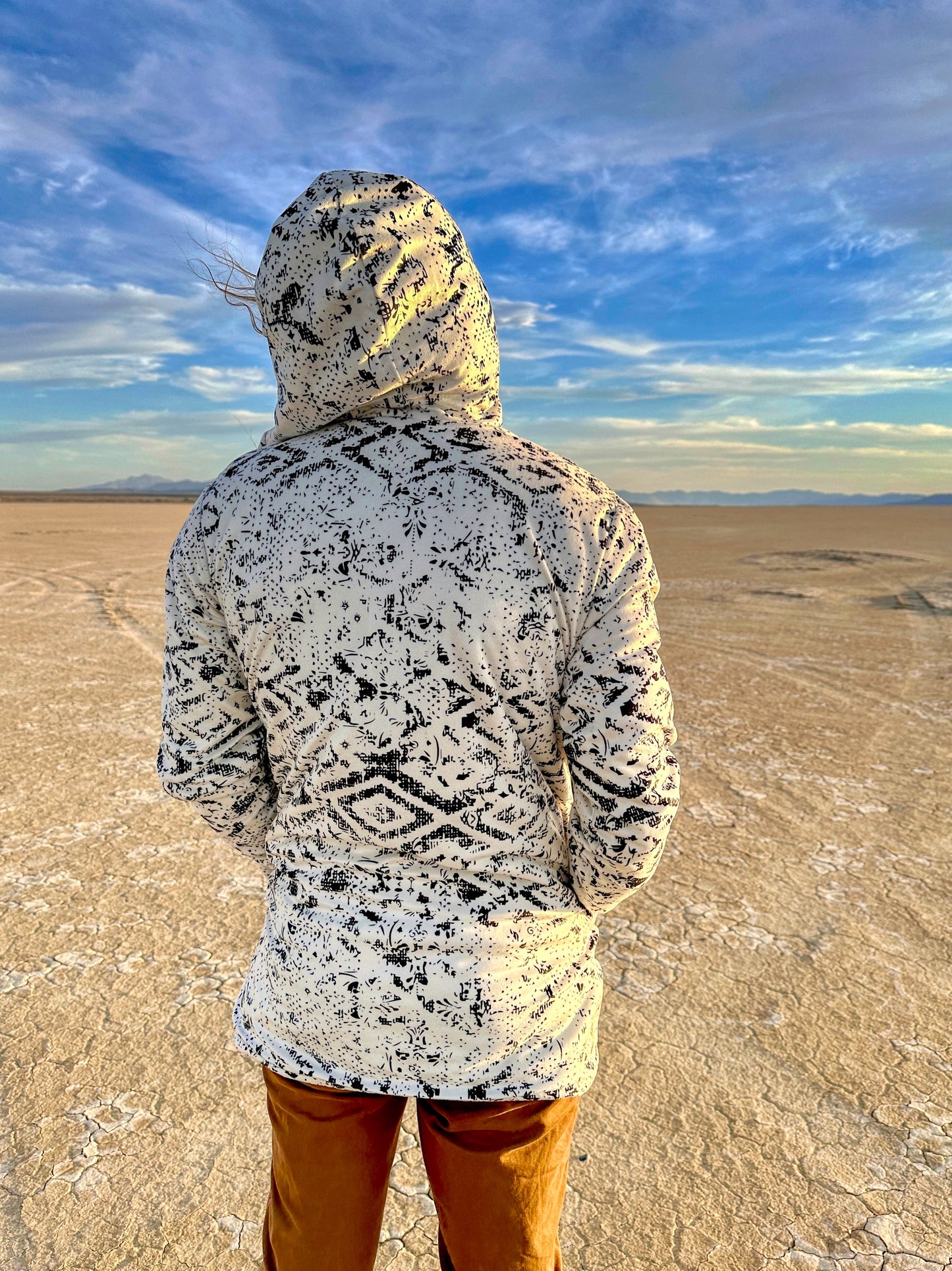 Tribal Fade Cuddle Cloak | Black, White | Unisex Minky Sherpa Hooded Coat | Women and Mens Festival Coat | Mountain Fashion