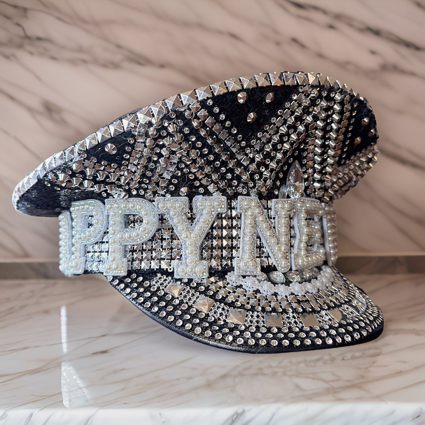Black and Silver Rhinestone Hat / Sequin Hat / Party Captain Hat / Festival Hat, EDC Hat, Rave Hat / Birthday Hat / Custom Phrase Hat