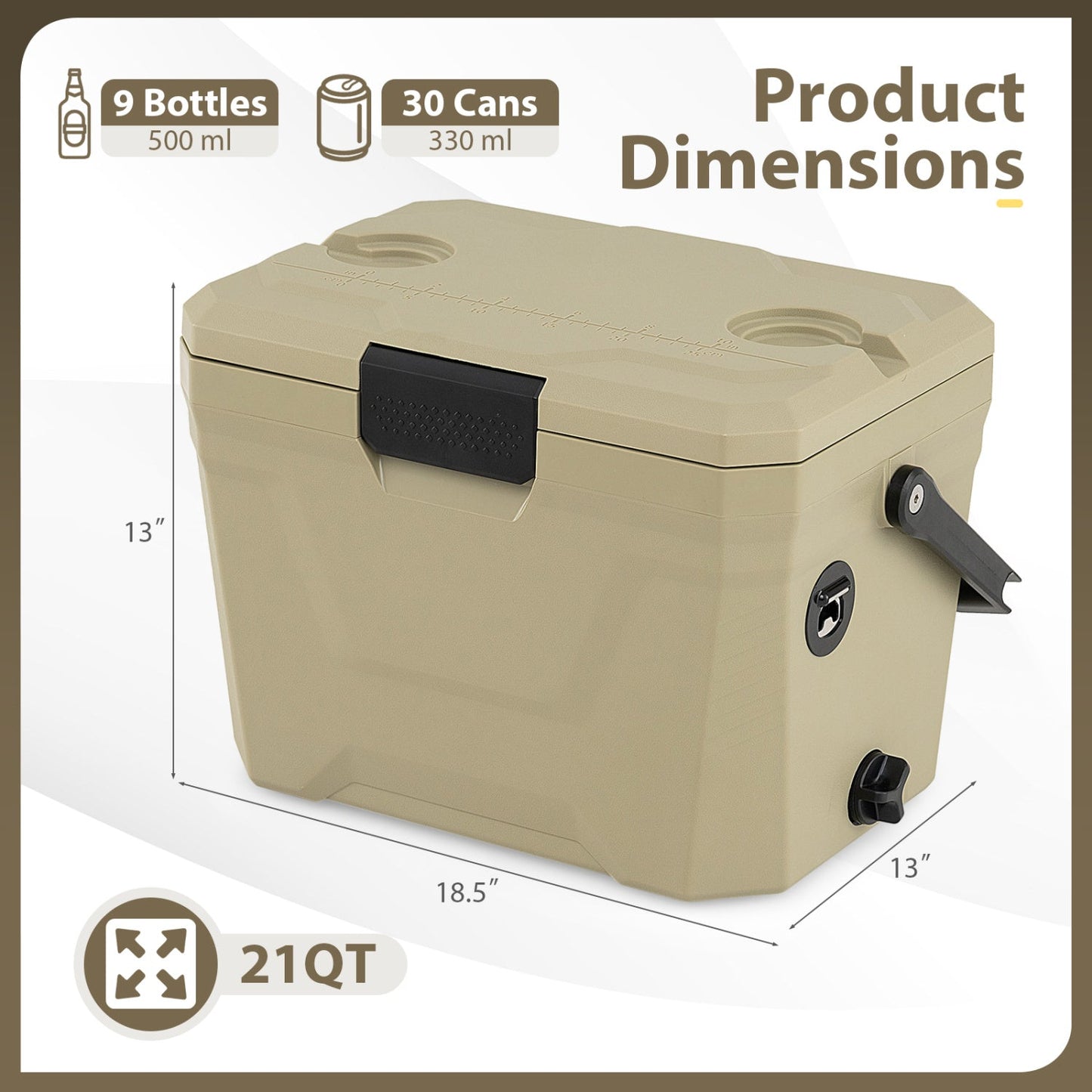 Insulated Portable Cooler Hard Shell Ice Chest with 2 Cup Holders
