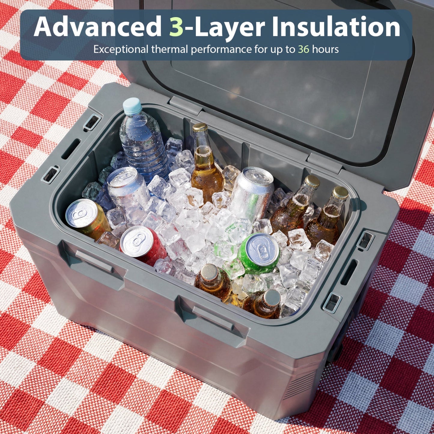 Insulated Portable Cooler Hard Shell Ice Chest with 2 Cup Holders Bottle Opener and Drain Plug