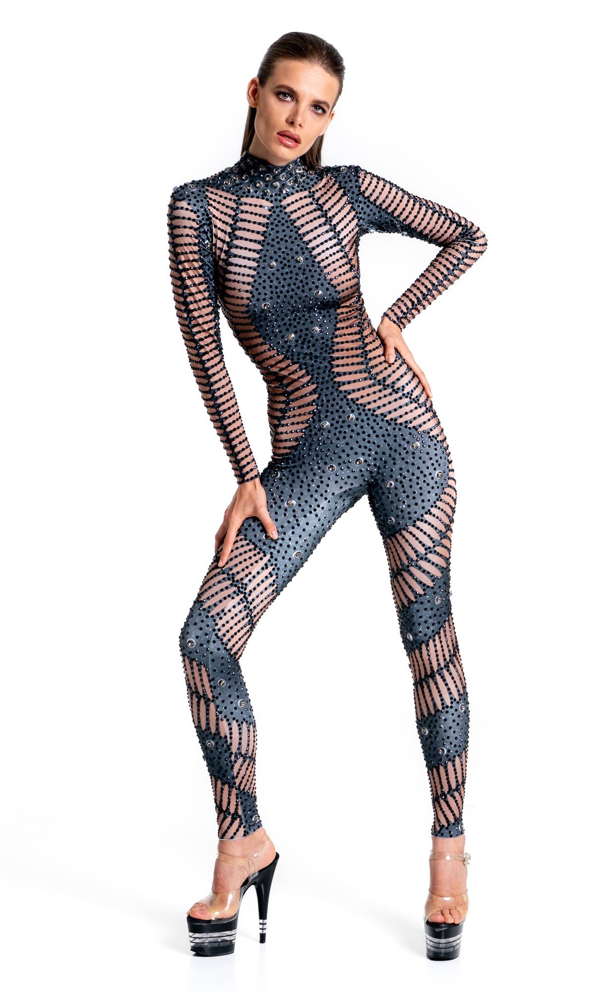 Kira Rhinestone Jumpsuit | Black Diamond Crystal Bodysuit – Manifestie