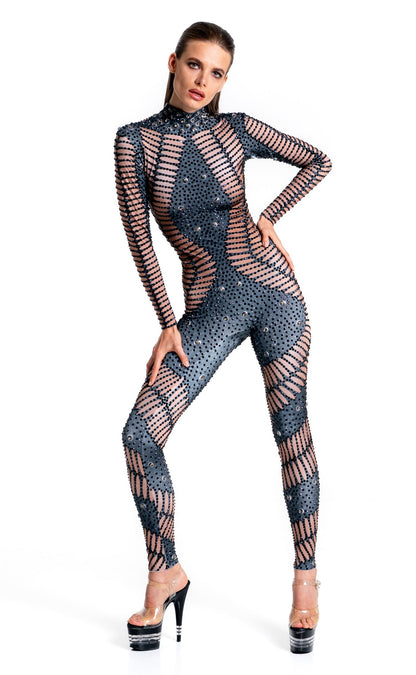 Kira Rhinestone Jumpsuit | Black Diamond Crystal Bodysuit – Manifestie