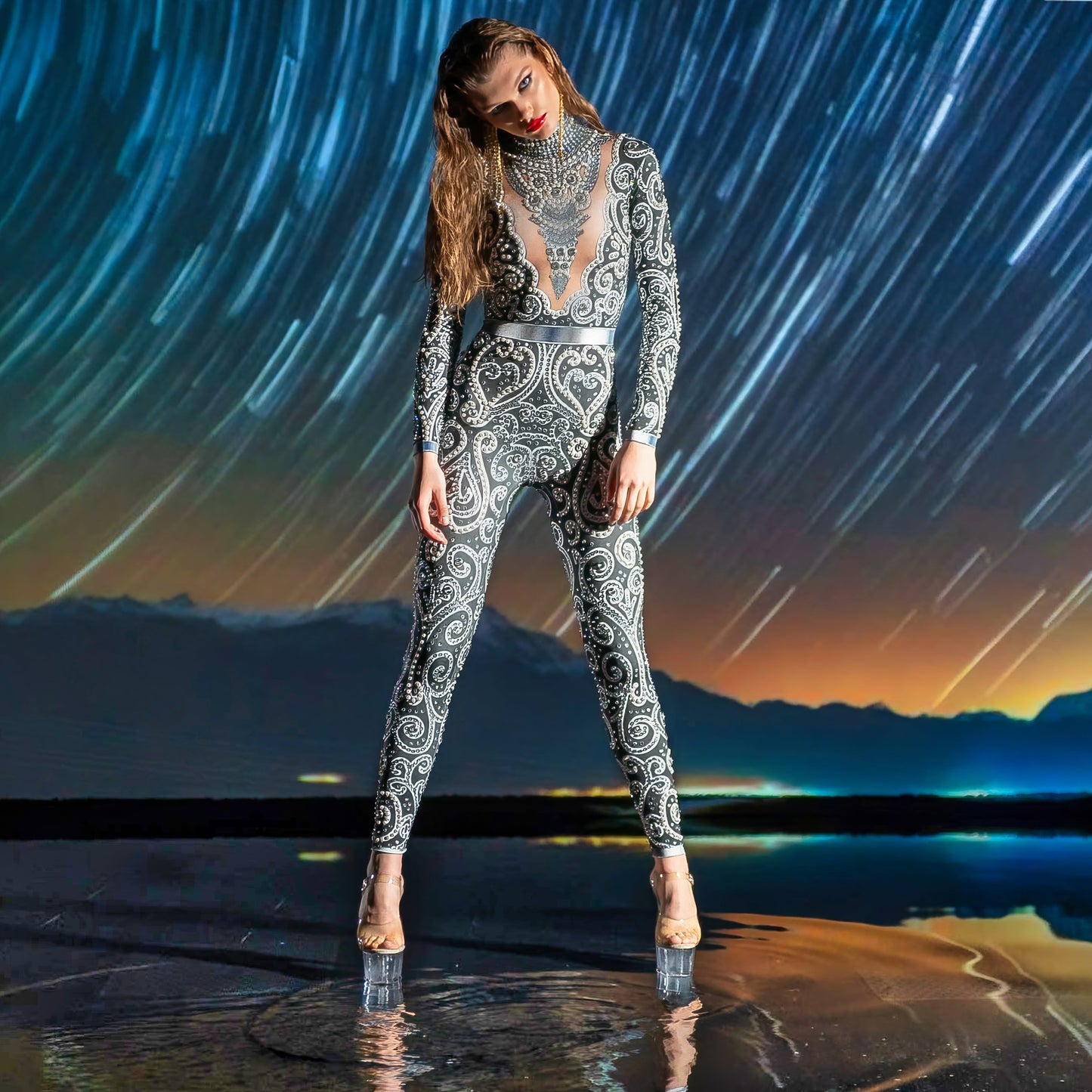 Venus Black Rhinestone Bodysuit | Elegant Pearl & Crystal Festival Jumpsuit – Manifestie