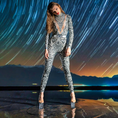 Venus Black Rhinestone Bodysuit | Elegant Pearl & Crystal Festival Jumpsuit – Manifestie