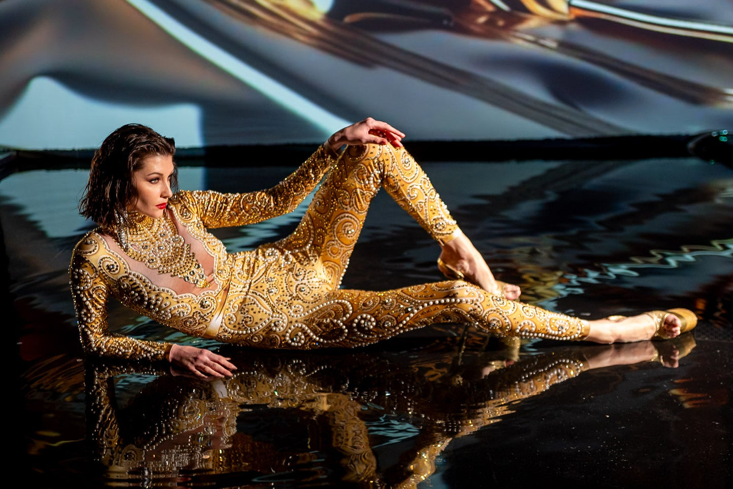 Venus Gold Rhinestone Bodysuit | Elegant Pearl & Crystal Festival Jumpsuit – Manifestie