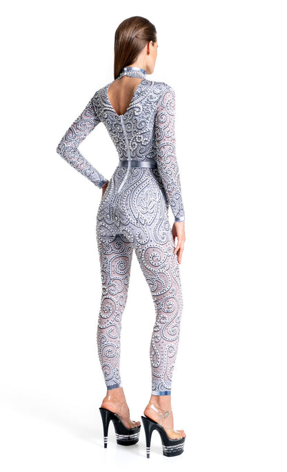Venus Silver Rhinestone Bodysuit | Elegant Pearl & Crystal Festival Jumpsuit – Manifestie