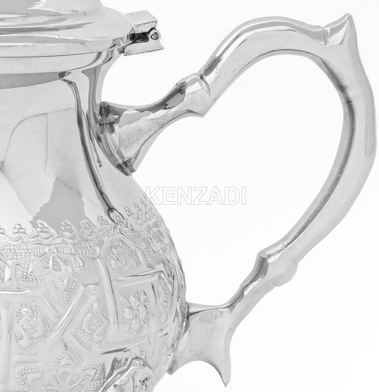 Moroccan Serving TeaPot Handmade Of Brass Silver Plated Hand Carved In Fes Morocco (8 Oz with Legs)