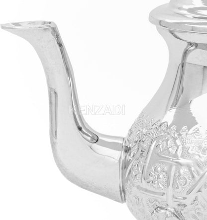 Moroccan Serving TeaPot Handmade Of Brass Silver Plated Hand Carved In Fes Morocco (8 Oz with Legs)