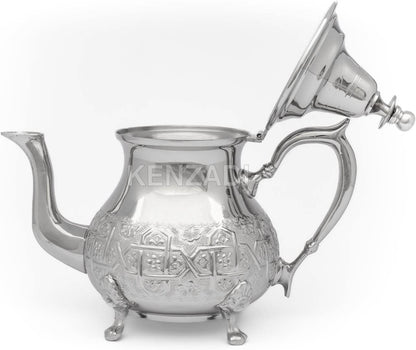 Moroccan Serving TeaPot Handmade Of Brass Silver Plated Hand Carved In Fes Morocco (8 Oz with Legs)