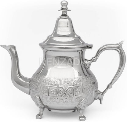Moroccan Serving TeaPot Handmade Of Brass Silver Plated Hand Carved In Fes Morocco (8 Oz with Legs)