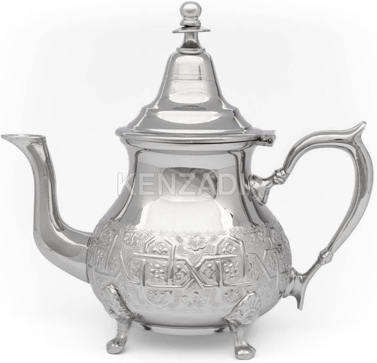 Moroccan Serving TeaPot Handmade Of Brass Silver Plated Hand Carved In Fes Morocco (8 Oz with Legs)