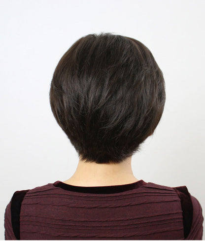 Women's Short Straight Real Human Hair Wig | Sheath Middle-Aged & Elderly Mother Style Full Head Wig with Oblique Bangs (Natural Look, Volume & Gray Coverage)