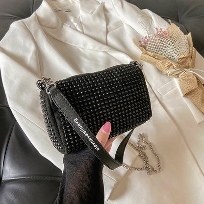 Rhinestone Square Pouch | Full Diamond Underarm Bag & Chain Shoulder Crossbody (Small Handbag, Japanese & Korean Style)