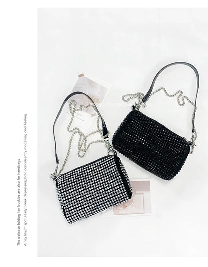 New Arrival Trendy Rhinestone Small Square Bag | Full Diamond Underarm Bag & Women's Chain Shoulder Crossbody Small Handbag (Japanese & Korean Style)