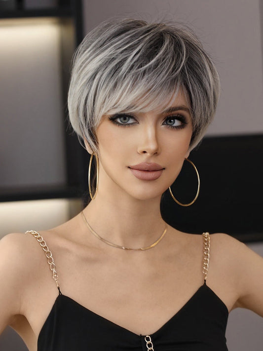 European & American Short Platinum Highlight Black Wig | Full Head Cover Artificial Human Hair Wig for Women (Natural Hairstyle with Oblique Bangs)