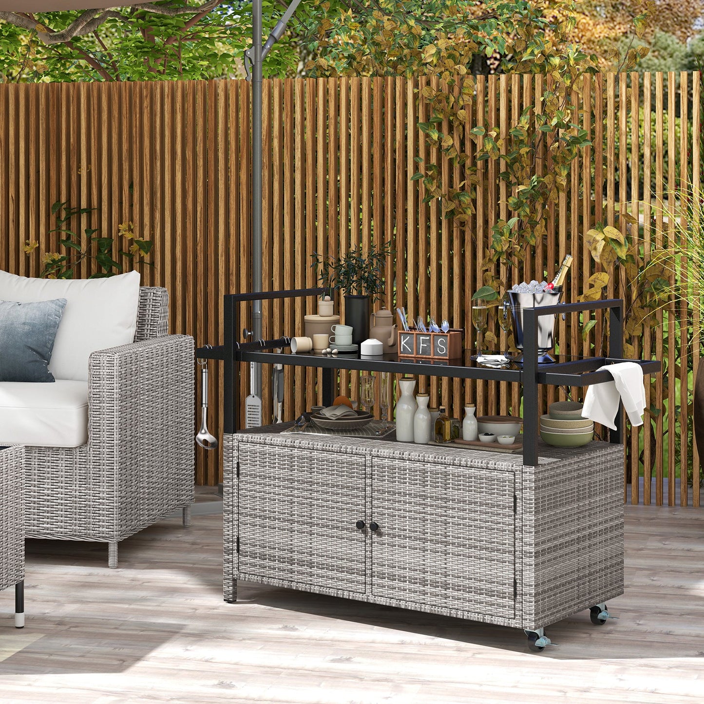 Outdoor Bar Cart Wicker Buffet Serving Cart with Cabinet and 8 Hooks