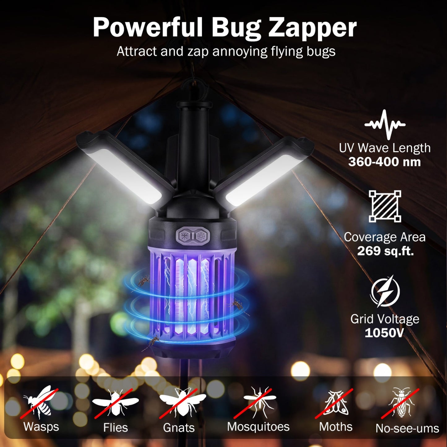 Outdoor Bug Zapper with Foldable Camping Lantern USB-C Rechargeable Electric Mosquito Killer