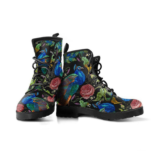 Peacock Feathers  Memory Foam Boots | All Season Lace Up Boots | Vegan Leather Combat Boot