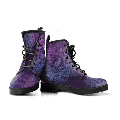 Purple YinYang Mandala  Memory Foam Boots | All Season Lace Up Boots | Vegan Leather Combat Boot
