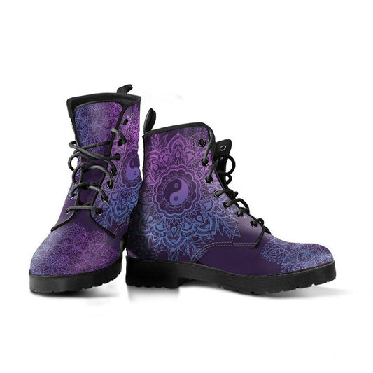 Purple YinYang Mandala  Memory Foam Boots | All Season Lace Up Boots | Vegan Leather Combat Boot