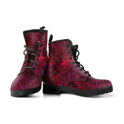 Red Mandala  Memory Foam Boots | All Season Lace Up Boots | Vegan Leather Combat Boot