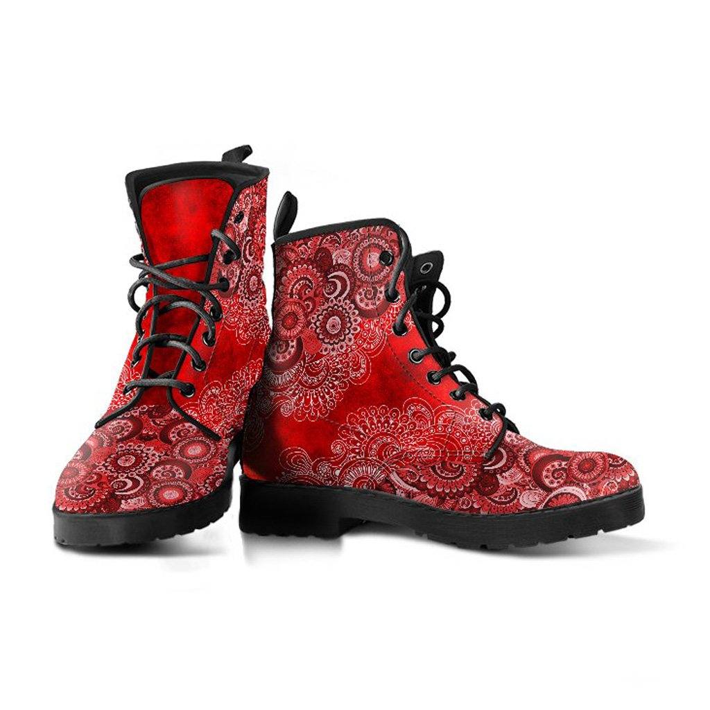 Red Paisley Mandala  Memory Foam Boots | All Season Lace Up Boots | Vegan Leather Combat Boot