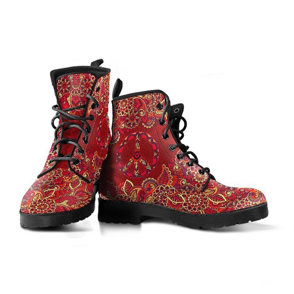 Red Peace Mandala  Memory Foam Boots | All Season Lace Up Boots | Vegan Leather Combat Boot