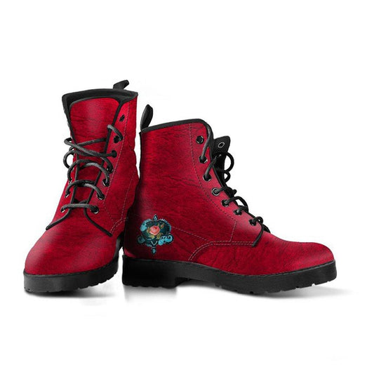 Red Steampunk  Memory Foam Boots | All Season Lace Up Boots | Vegan Leather Combat Boot