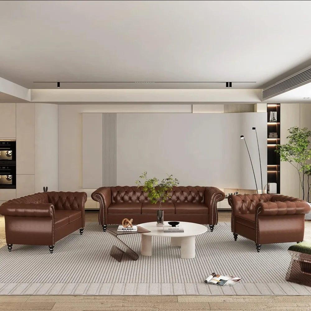 3-Piece Chesterfield Leather Sofa Set, with Scroll Arms & Nail,Head Trim, Dark Brown Living Room Furniture.