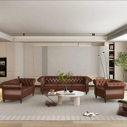 3-Piece Chesterfield Leather Sofa Set, with Scroll Arms & Nail,Head Trim, Dark Brown Living Room Furniture.