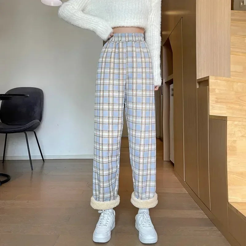 Warm Plush Pants, Cashmere Thick Plaid Ladies Winter Loose Wide-legged Pants