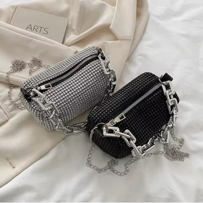 Allover Rhinestone Bucket Bag | Glitter Chain Prom Purse & Women's Mini Crossbody Bag (Sparkling Evening Handbag)
