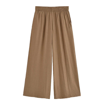 Women Fashion 2 Piece Set Solid Front Zipper Shirts & Vintage High Elastic Waist Trousers Female.