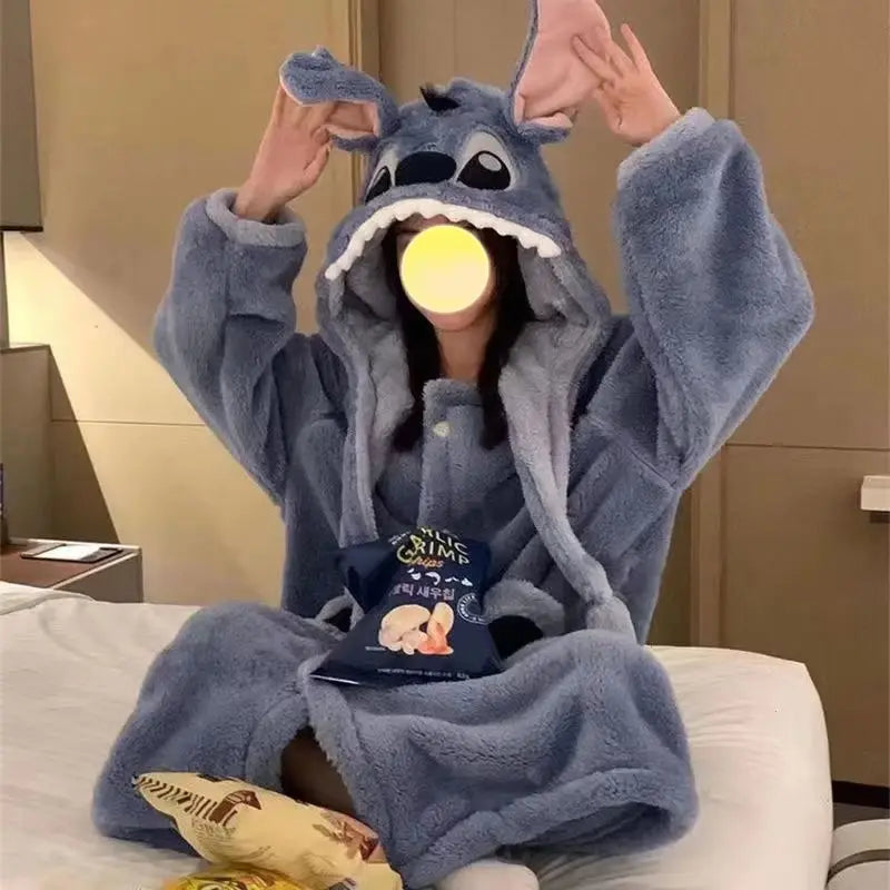 Disney Stitch Warm Fleece Lined Sleepwear Robe, Soft Material Men, Women Pajamas Set.