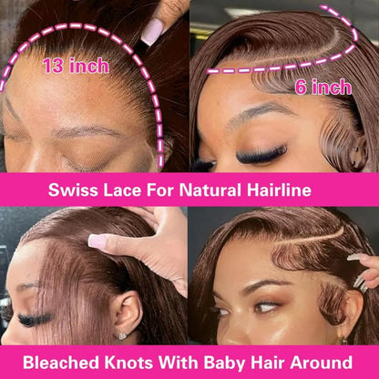Deep Wave Lace Frontal Wig Chocolate Brown,13X6 Human Hair Wigs, Hd Lace 100% Human Hair 250 Density, Brazilian Hair Wig.