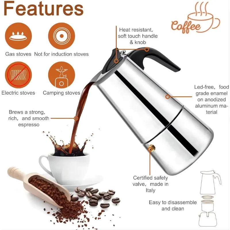 Italian Stainless Steel  Coffee Pot for Espresso 2/4/6/9/12 Cups Home and Office Use.