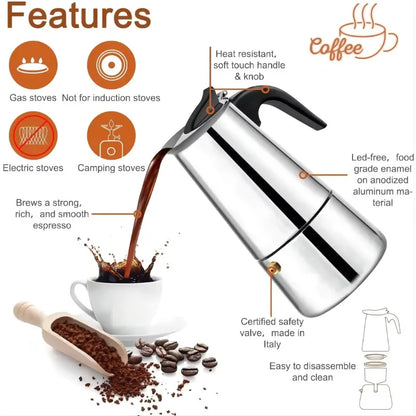 Italian Stainless Steel  Coffee Pot for Espresso 2/4/6/9/12 Cups Home and Office Use.