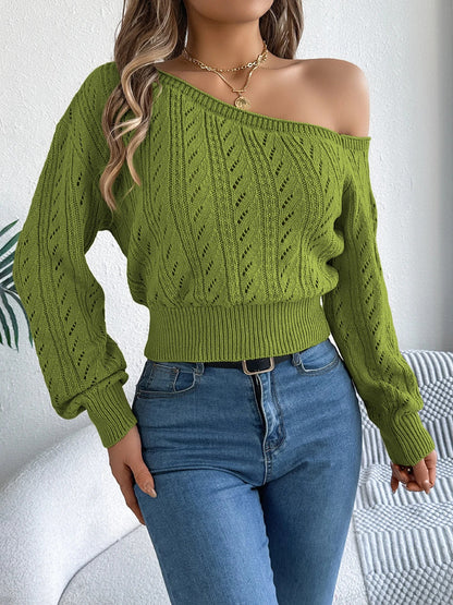 Elegant Slash Neck Off shoulder Long Sleeved Pullover Sweater for Women.